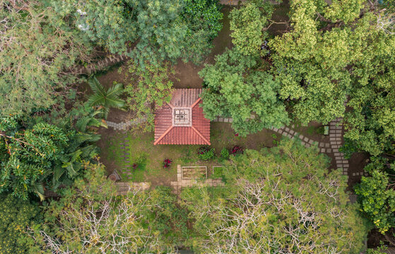 Aerial View of Pavilion in Lush Green Garden