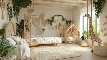 Airy kids room with woven giraffe, swing seat, soft rug, and greenery accents, filled with natural light and simple wall decor