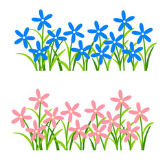 Cartoon Flower Bushes – Blue and Pink Garden Blossoms Vector Illustration