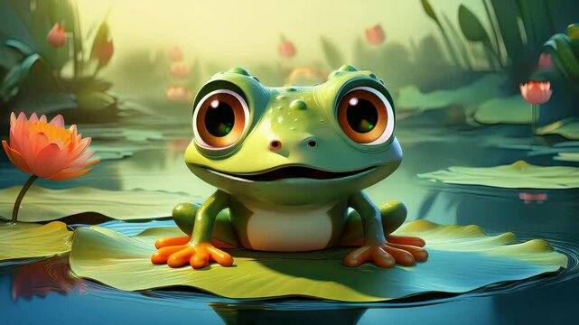 Cute Cartoon Frog Character Sitting on a Lily Pad Talking