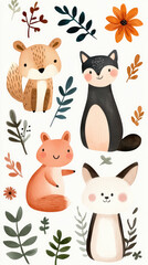 Fototapeta premium Cute woodland animals and autumnal leaves. Four stylized animals, a fox, squirrel, cat, and wolf. Surrounded by fall leaves and flowers