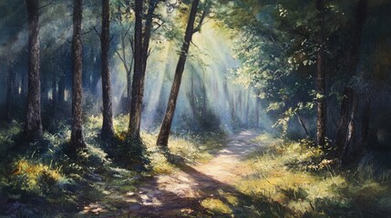 Enchanting Forest Glade, A Serene Path Bathed in Golden Sunlight and Shadows