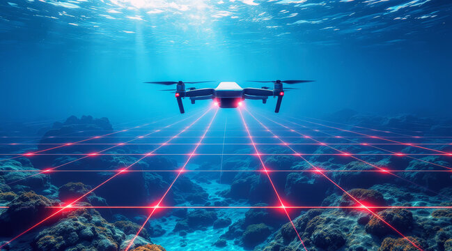 Underwater drones exploration with advanced technology mapping ocean floor and marine life