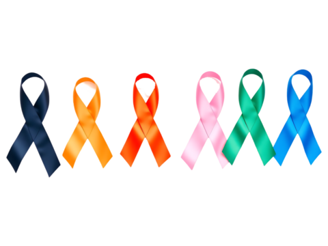 Six Colorful Awareness Ribbons on a transparent background