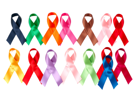 Collection of Colorful Awareness Ribbons for Various Causes on a transparent background