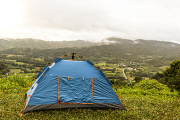 Blue tent, mountain camping, nature tourism, adventure