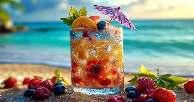 Refreshing tropical cocktail with fruit garnishes on a sandy beach at sunset, ocean waves in background