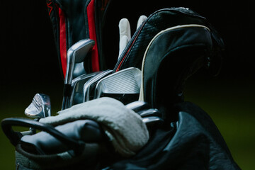 Golf Clubs Close-Up in Bag Highlighting Metal Details