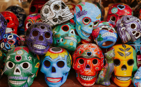 Colorful Mexican Day of the Dead Skulls in Tulum Market