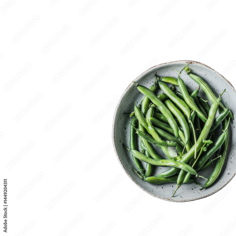 Poster vibrant green beans elegantly arranged within a rustic dish, contrasting against a minimalist settin