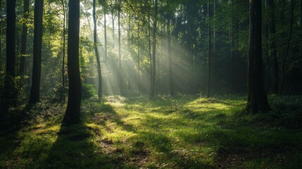 Fototapeta premium Sunbeams shining through trees in a forest. Sunlight beams through trees, highlighting the lush green foliage in this magical forest landscape.