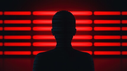 A silhouette of a person stands in front of horizontal red neon lights, creating a futuristic and mysterious atmosphere.