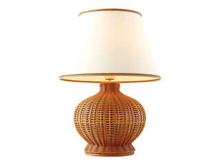 Elegant Wicker Table Lamp with Off White Shade and Beige Trim on a transparent background