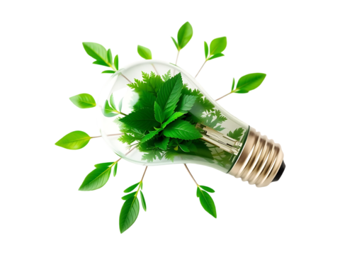 Green Energy Concept Light Bulb Filled with Lush Greenery and Sprouting Plants on a transparent background - Powered by Adobe