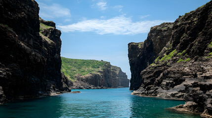 Naklejka premium Dark Volcanic Cliffs Meet Turquoise Waterway