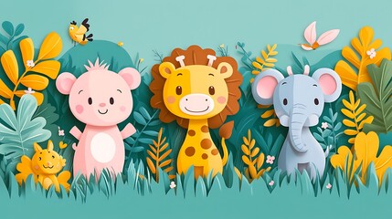 Cute papercraft jungle animal friends together