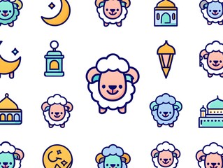 Fototapeta premium Eid Al-adha Mubarak Pattern Featuring Sheep and Crescent Symbols