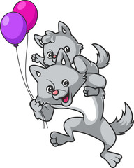 Big wolf holding little wolf and playing with balloons