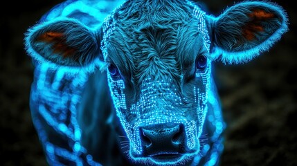 Futuristic, digital cow with bright blue circuit details