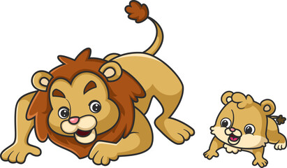 Fototapeta premium A big lion with a baby lion is playing how to hunt