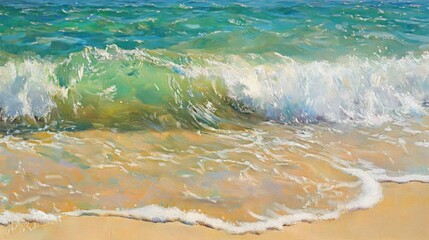 Vibrant coastal waves crashing on sandy shore.