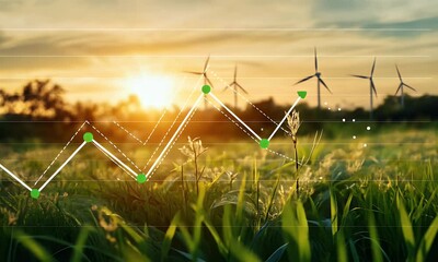 A graph of green energy data with wind turbines in the background, symbolizing sustainable business practices and environmental technology innovation - Powered by Adobe