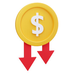 3d icons gold coin with a dollar sign and two red arrows pointing down.