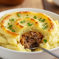 Traditional shepherd’s pie featuring savory minced meat filling and golden mashed potato crust, garnished with fresh parsley in a white bowl.
