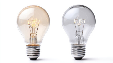 Two incandescent light bulbs, one amber, one clear, illuminated against a white background