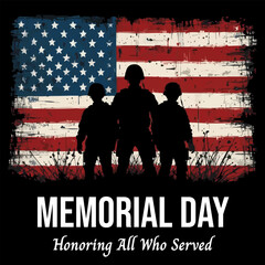 Memorial Day Silhouette of Soldiers with Vintage American Flag Background Vector - Honoring All Who Served

