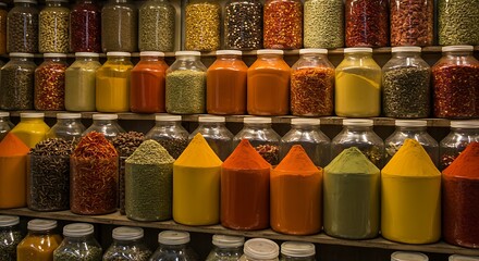 Portrait of a spice market, glass jars filled with colorful spices, no human presence