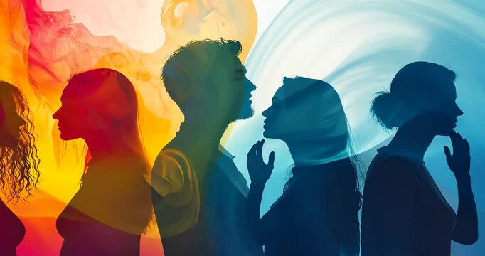 Silhouetted figures against a colorful smoke background, depicting emotional expressions and connection