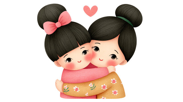 hugging girls with pink bow and heart clip art preview