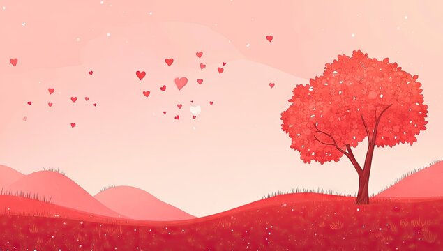 A romantic landscape with a single tree and falling hearts. - Powered by Adobe
