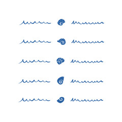 Marine dividers set with blue seashells and hand drawn wavy lines in doodle style for summer design