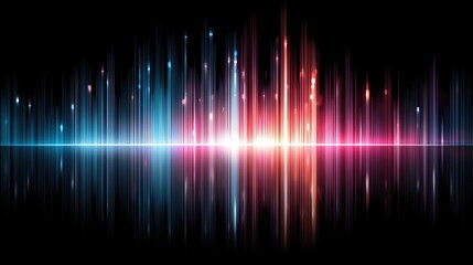 Dynamic vertical light stripes in blue, red, and pink on a black background, with a bright central glow and reflective effect.
