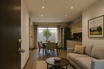 Fototapeta premium Cozy modern living room with dining area and kitchen showcasing neutral tones and natural light, perfect for relaxing or entertaining.