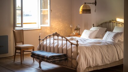 Sunlit Bedroom Sanctuary: Tranquil Morning in a Rustic French Chateau