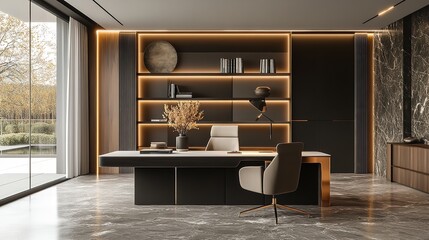 Modern office interior design with desk chair and shelving for luxury workspace inspiration ideas