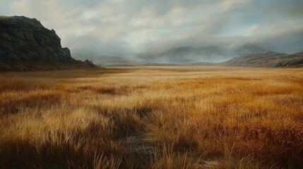 Fototapeta premium Expansive golden field stretches to a misty mountain range