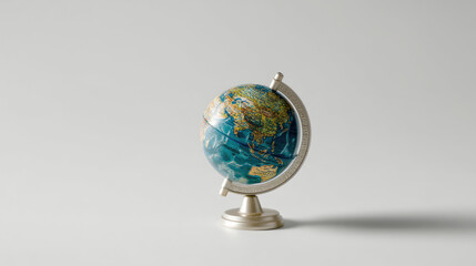 Small, detailed globe on a light gray background.  The globe shows the continents and oceans in muted colors.  It has a silver stand