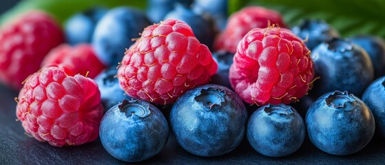 Close-up of Fresh Raspberries and Blueberries