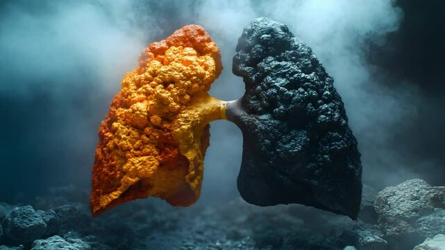 A comparative depiction of healthy and damaged lungs, symbolizing the impact of environmental factors