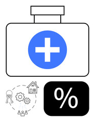 Blue medical kit with cross, connected icons of house, keys, gears, and group, alongside percentage sign. Ideal for healthcare, insurance, financial planning property interest rates teamwork