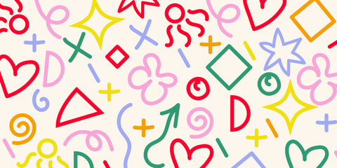 Abstract Colorful Shapes Pattern Hearts, Stars, Plus Signs