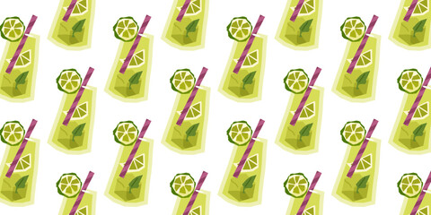 Seamless Lemonade Summer Drink Pattern. Bright seamless pattern of lemonade glasses with lime slices, mint leaves, and straws on a white background. Bold flat design in summer style.