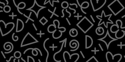 Abstract Gray Shapes, Doodle Background, Geometric Pattern, Plus Signs, Hearts