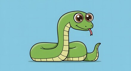 Fototapeta premium Cute Green Snake Cartoon Character with Tongue Out on Blue Background