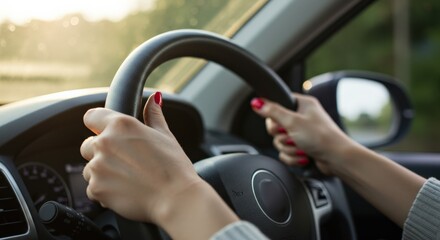 Close-up view of a female driver's hands gripping the steering wheel while navigating a car on the road during the daytime.