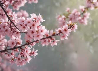 Delicate pink sakura petals drift against a softly blurred spring background  ,  petals,  picturesque,  soft focus